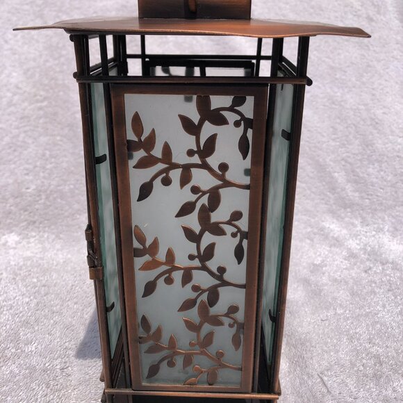 Copper Filigree Frosted Glass Candle Holder Lantern + 80 Hour Candle New - Picture 1 of 12